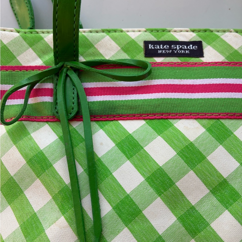 Kate Spade Green Checkered Tote Bag Purse Preppy Spring Summer Colorful Chic - Picture 4 of 6